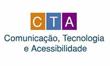 As letras C, T e A, brancas e maiúsculas, estão inscritas ao centro dos retângulos de cor laranja, azul e lilás, respectivamente. Abaixo dos retângulos, lê-se, em azul-escuro, Comunicação, Tecnologia e Acessibilidade.