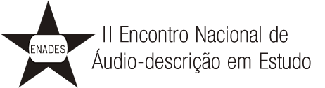 No Centro de uma estrela preta de cinco pontas, há um retângulo branco, cujos lados direito e esquerdo são abaulados. Ao centro, com letras pretas maiúsculas: ENADES.